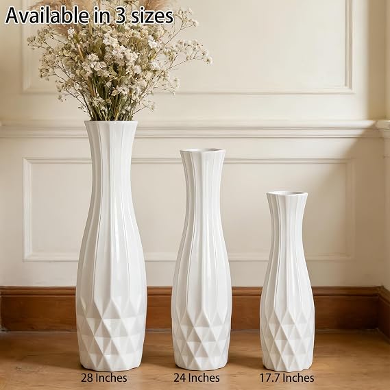 Tall White Floor Vase, 28 Inches / 71 cm Ceramic Standing Flower Vase, Large Decorative for Living Room, Bedroom, Dining, Office, Glossy Glaze, Wedding Gift