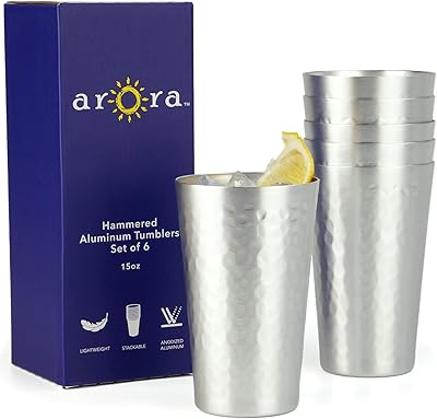Arora Metal Anodized Hammered Silver Tumbler Set | Best Aluminum Cold-Drink Cup | 15oz Cup | Set of 6