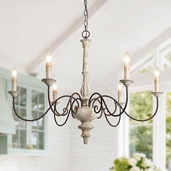 LALUZ Farmhouse Chandelier, 6-Light Large French Country Wood Lighting for Dining Room, 37.4 Distressed Shabby Chic Chandeliers, Vintage Arms in Rusty Metal Finish for Living Room, Bedroom