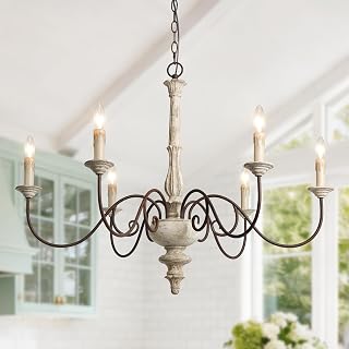 LALUZ Farmhouse Chandelier, 6-Light Large French Country Wood Lighting for Dining Room, 37.4” Distressed Shabby Chic Chandeliers, Vintage Arms in Rusty Metal Finish for Living Room, Bedroom