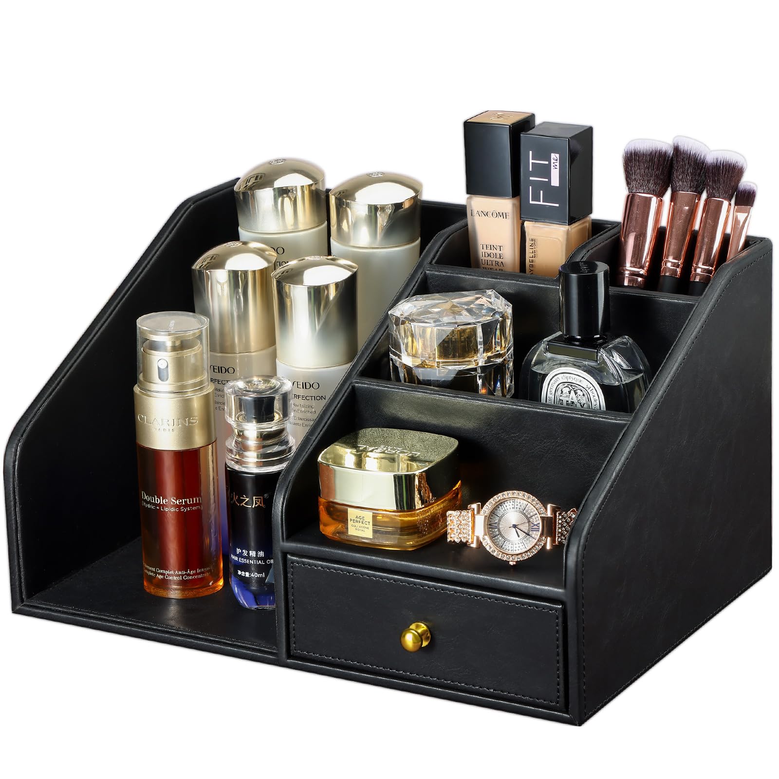 KINGFOM Organizer da scrivania in pelle PU con cassetto – Scatola portaoggetti da scrivania multi-scomparto per forniture per ufficio, posta, penne, accessori – nero e marrone Home Office Caddy (nero)