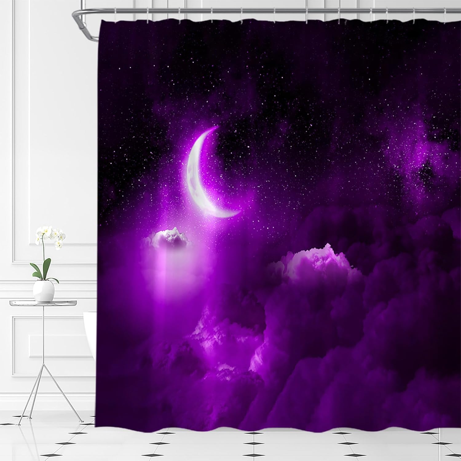 Moon Shower Curtain Purple Starry Sky Night New Moon Cloud Galaxy Bathroom Curtain Set with Hooks(91" Wx70 H)