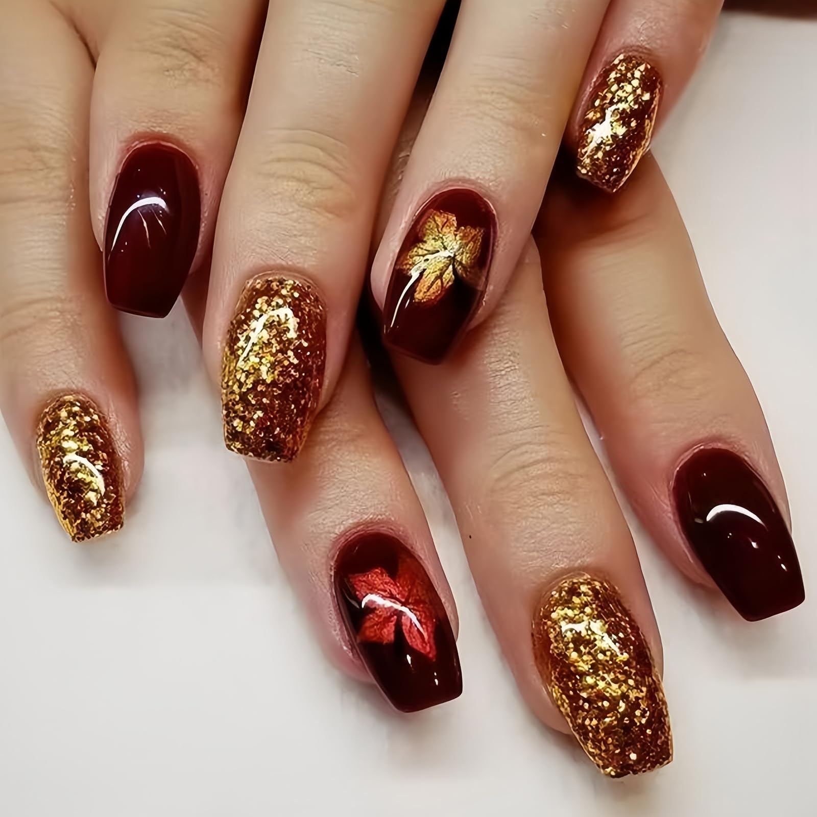 Burgundy and Gold Foil Nails