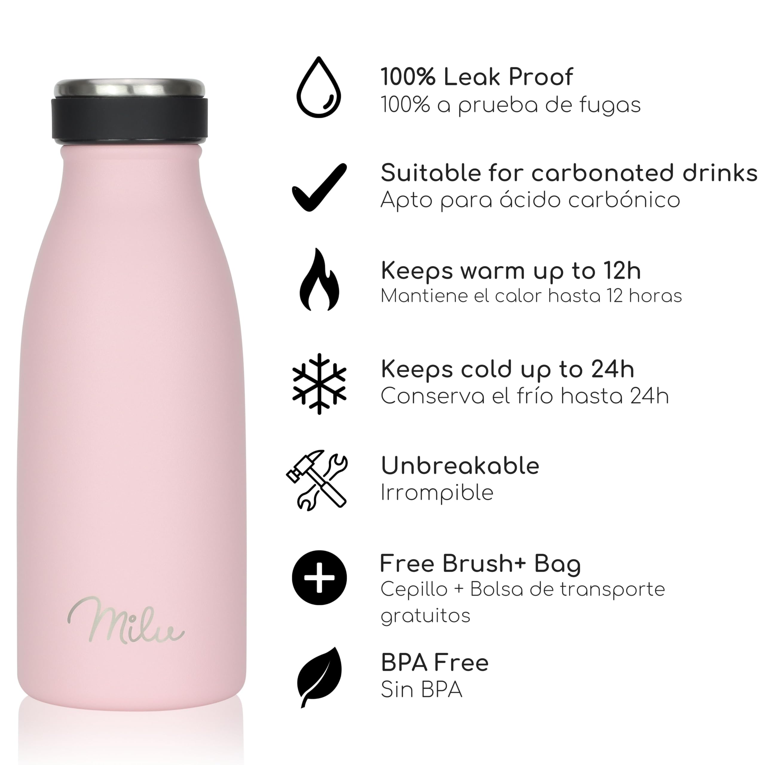 Milu Botella de acero inoxidable de 350ml 500ml 750 ml 1 L 1,5 L botella de agua aislada, termo a prueba de fugas, doble pared, apta para ácido carbónico + cepillo de limpieza (Azul Violeta, 350ml) — view 191