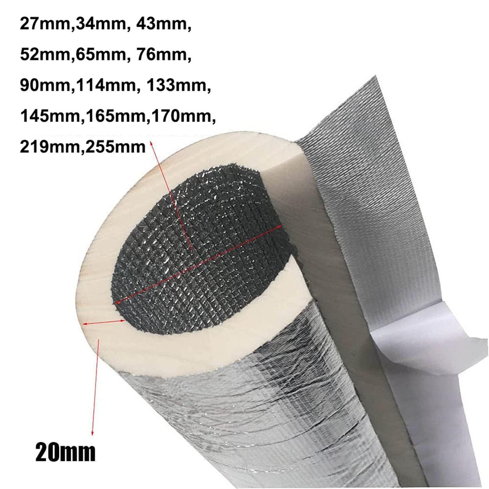 Tubo De Aislamiento De Tubería para Exteriores, Aislamiento De Tubería De Espuma Autoadhesiva Abierta, Diseño De Lámina De Aluminio De Doble Capa, 20 Mm De Espesor, Longitud 1 M