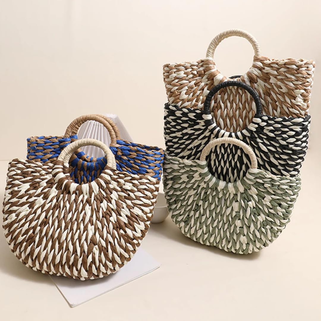 Damen Stroh-Tote Handtasche große Kapazität Halbrunde Handtasche Farbe Clash Halbkreis Webtasche Summer Beach