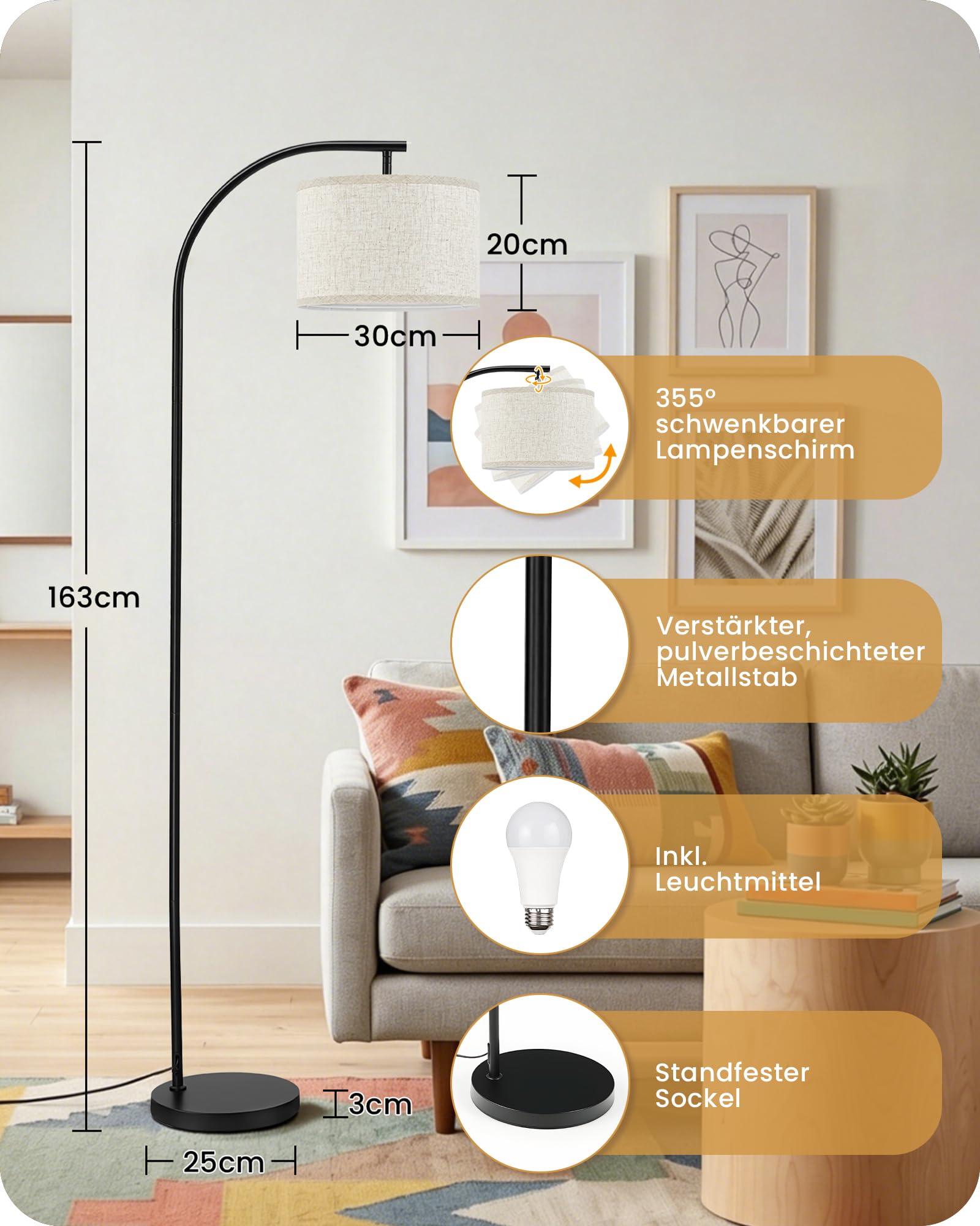 Stehlampe aus Leinen, Schwarz, Stehleuchte mit 3 Farbtemperaturen
