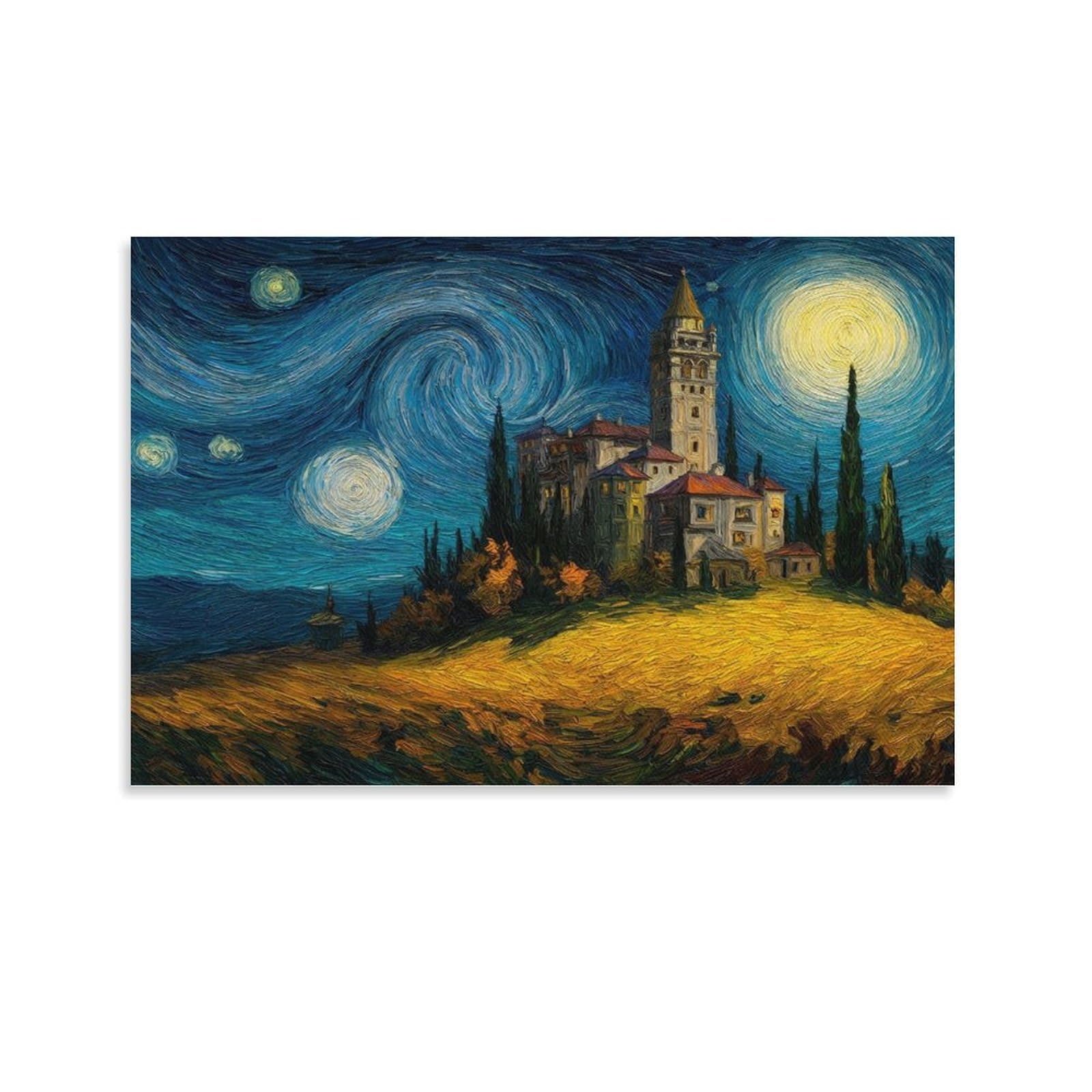 CPLVKWRQJ Starry Night Landscape Individual Hilltop Village Swirling Starry Night Painting Canvas Wall Decor - Nursery Wall Hanging Space Saving Removable Ready to Hang 20x30inch(50x75cm)