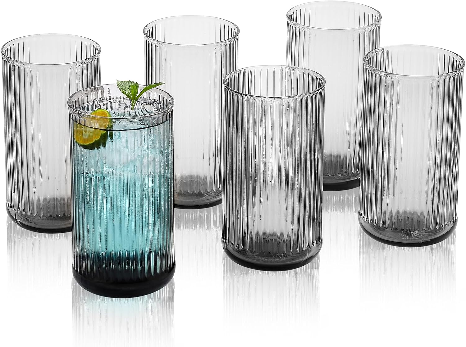 Amazon.com | G Drinking Glasses, 14 oz Ribbed Water Glasses Set of 6 ...