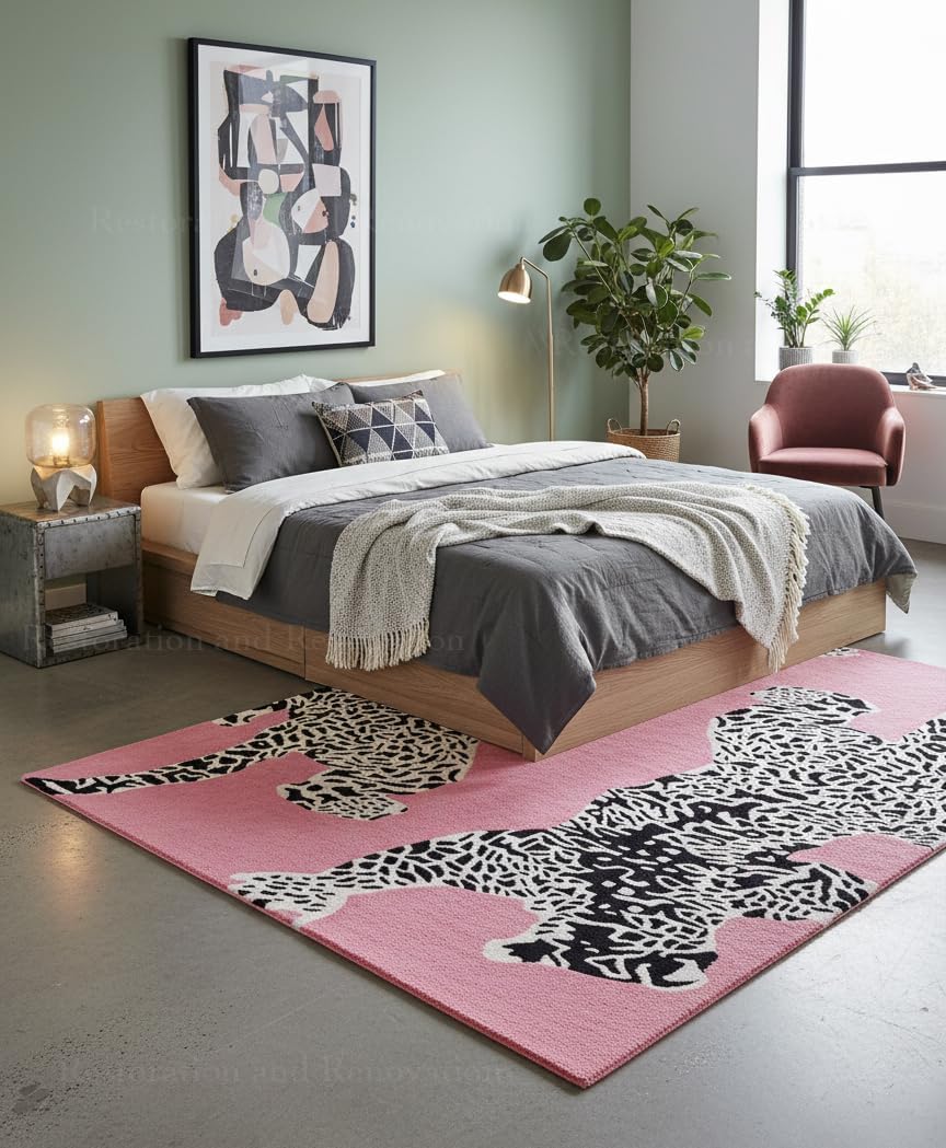 Climbing Jaguar Modern Handmade Wool Rug for Living Room, Bedroom and Dining Room (Pink,5' x 8')