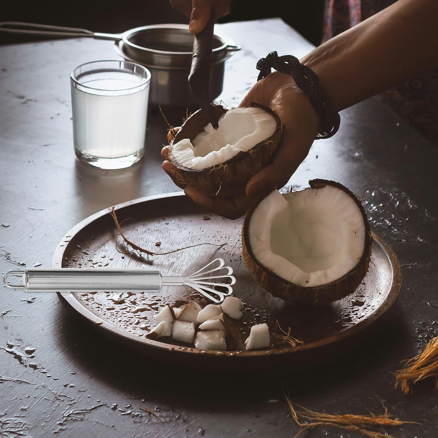KALLORY Coconut Opener Tool Set Stainless Steel Coconut Meat Remover with Rubber Hammer for Kitchen Fruit Gadget Reusable Manual Accessory