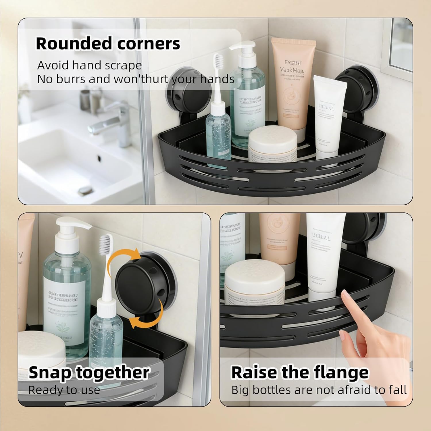 2026 Upgraded Suction Cup Corner Shower Shelf - 3-Pack Bathroom Storage Rack, No Drilling Adhesive Shower Caddy Organizer with Towel Bar & Hooks, Removable Aluminum (Black)
