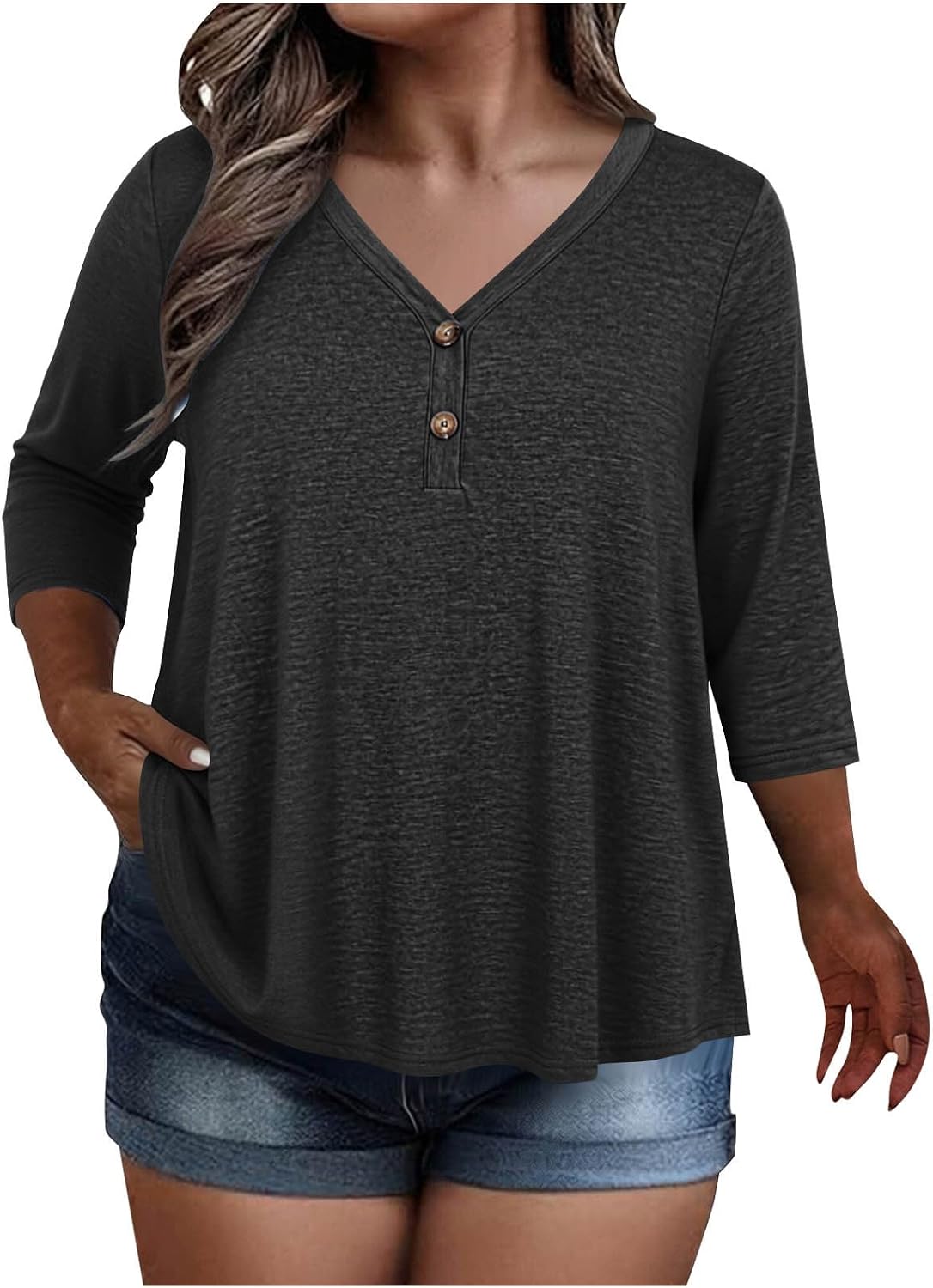 Womens Plus Size Summer Tops 3/4 Length Sleeve V Neck Henley Button Shirts Fashion Loose Fit Dressy Casual Blouses