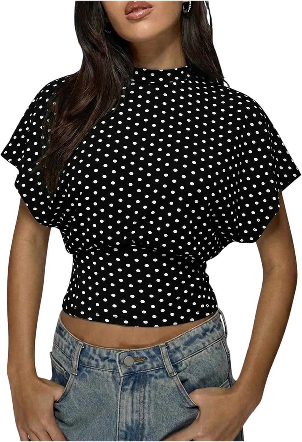 BEAUDRM Women's Casual Going Out Tops Cinched Waist Business Wrap Top Dolman Sleeve Cap Sleeve Crop Spring Summer Outfit