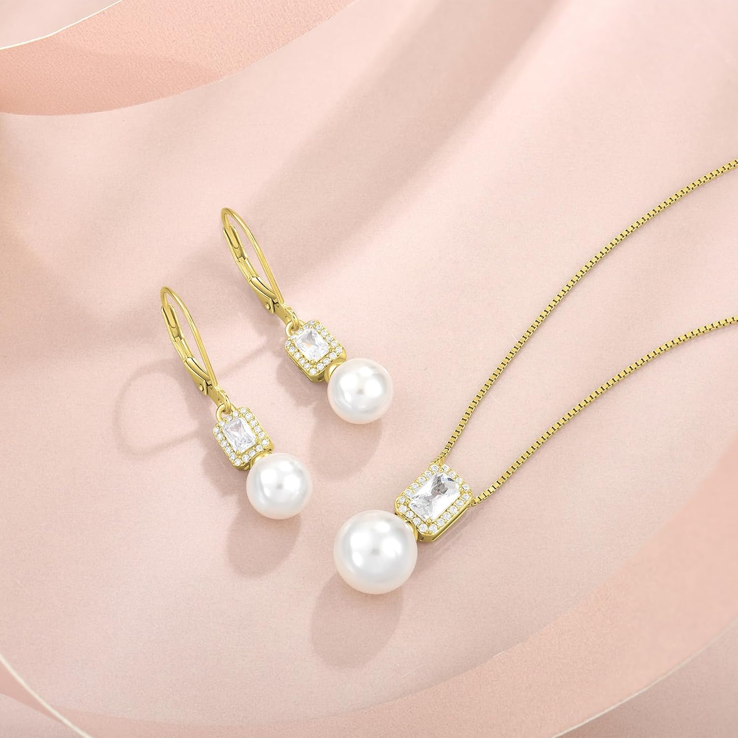 18K Gold Plated Pearl Jewelry Set 925 Sterling Silver Cubic Zirconia and Pearl Necklace Earrings April Birthstone Jewelry for Women