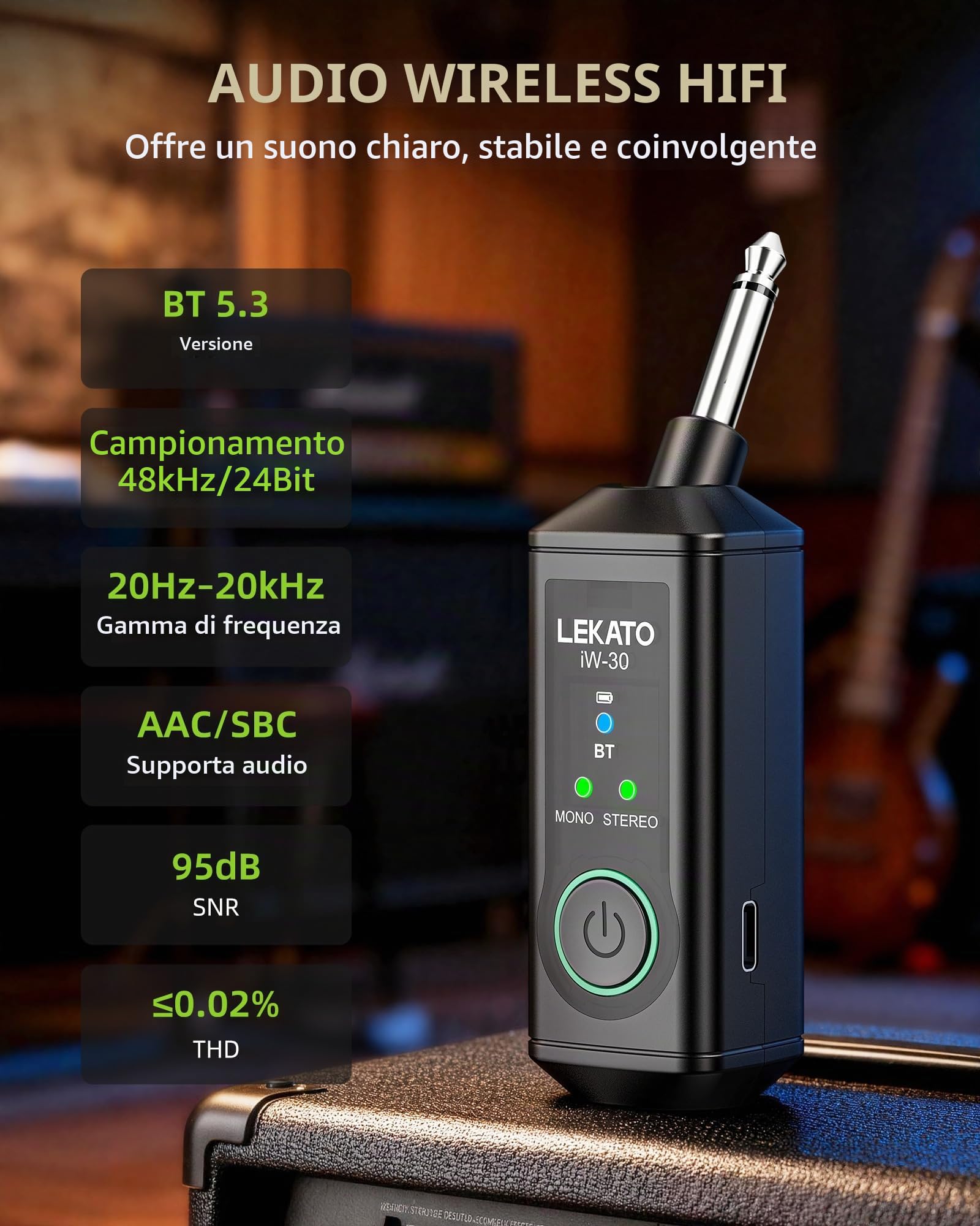 LEKATO iW-30 Ricevitore Bluetooth con jack da 6,35 mm, ricevitore audio mono/stereo wireless con 15 ore di riproduzione e 50 m per amplificatore, sistemi PA, tastiera e mixer