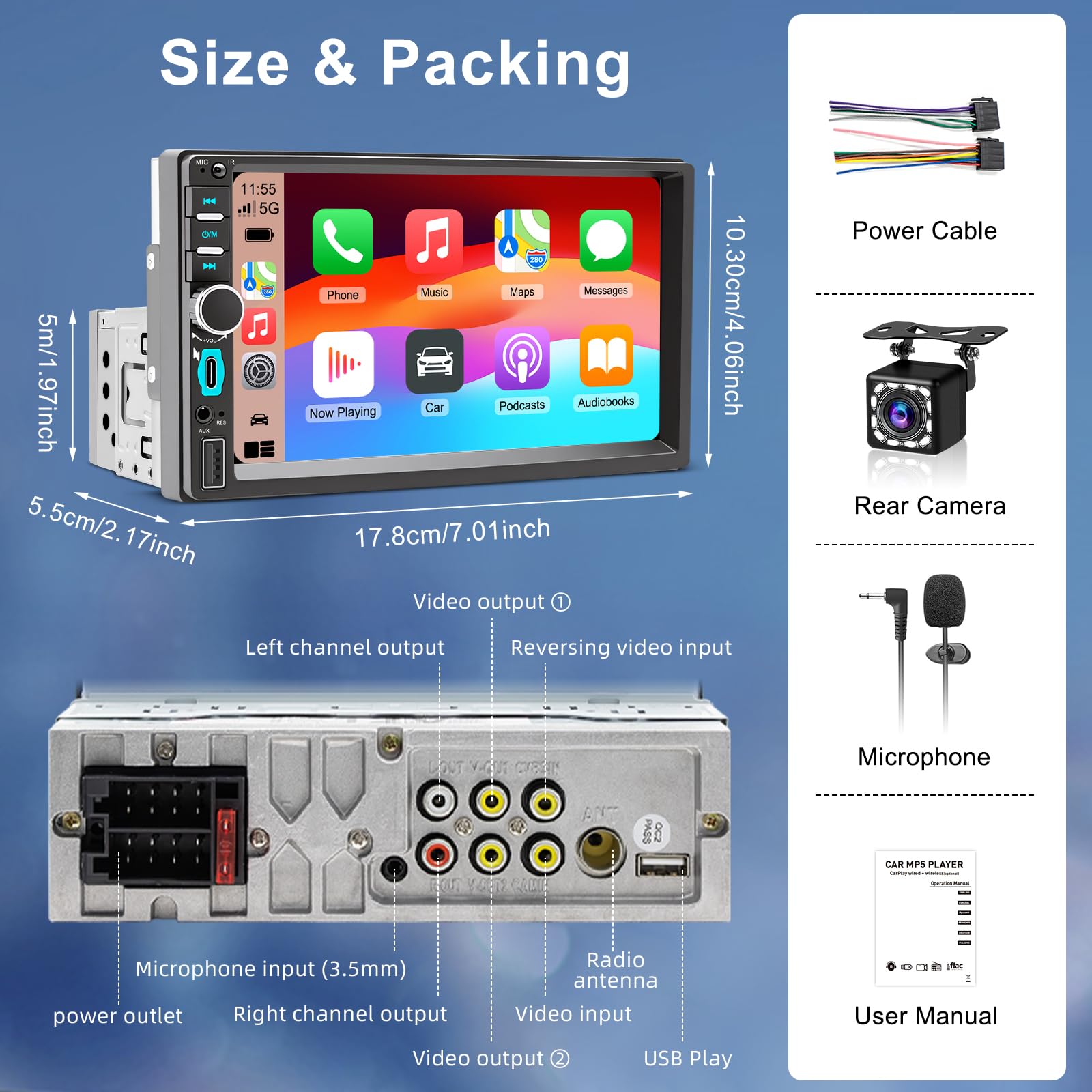 Autoradio 1 DIN avec Écran Tactile HD 7 Pouces, CarPlay sans Fil et Android Auto, Radio Voiture Bluetooth Mains Libres, Mirror Link, Navigation GPS, Contrôle Vocal, FM, Caméra de Recul, USB, Type-C