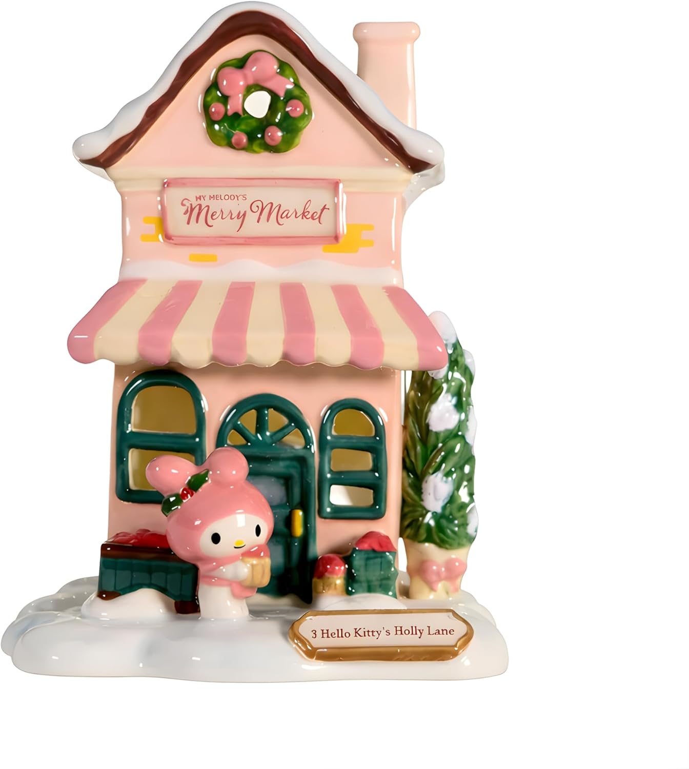 Blue Sky Clayworks My Melody’s Merry Market Candle House, 4.625" L x 4.825" W x 6" H, Peppermint Porch Glow