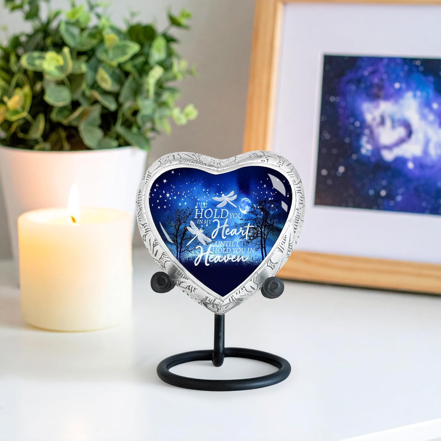 Starry Night Heart Keepsake Cremation Urn for Human Ashes – Small Aluminum Memorial Burial Urn for Men & Women with Engraved Quote, Decorative Display