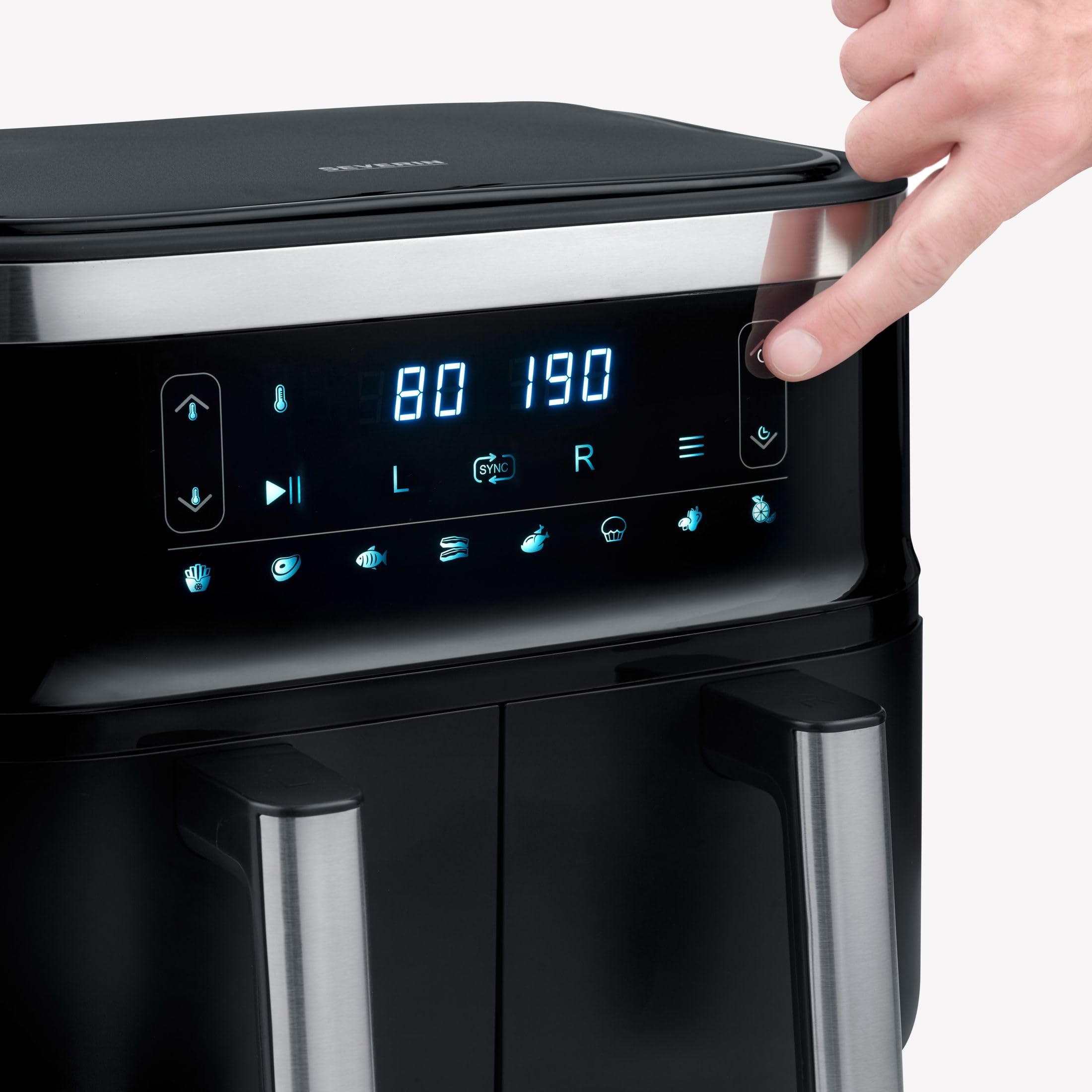 SEVERIN FR 2453 Friggitrice ad aria calda con 2 cestelli, temperature regolabili separatamente da 80° a 200° C, capacità totale 7,6 L, 8 programmi automatici, display touch