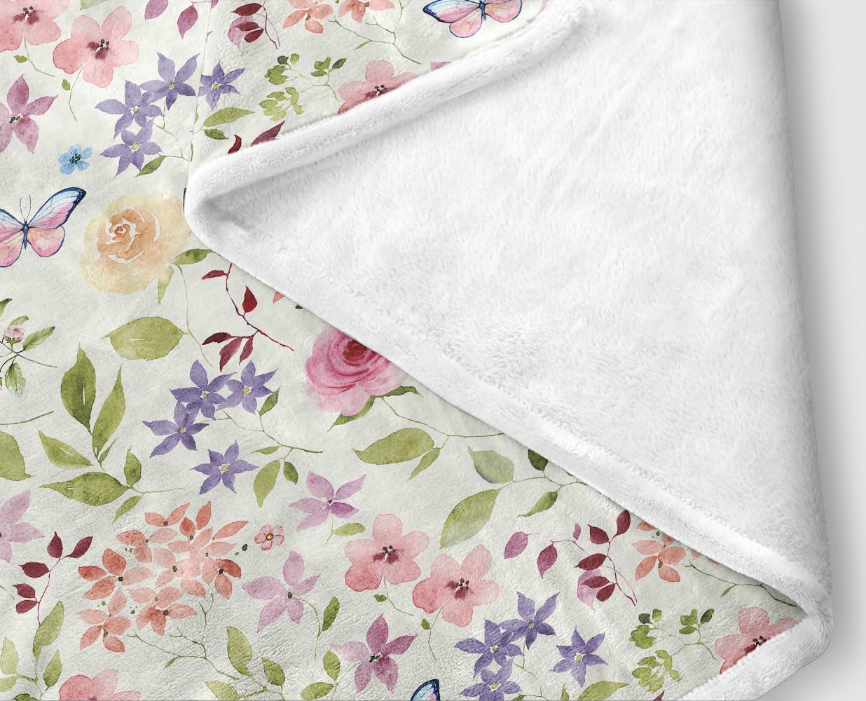 Floral Flower Botanical Spring Flowers Throw Blanket, Pink Butterfly Soft Cozy Warm Plush Fleece Flannel Throw Blanket Gift for Woman Flower Lover Couch Bed Living Room Decor