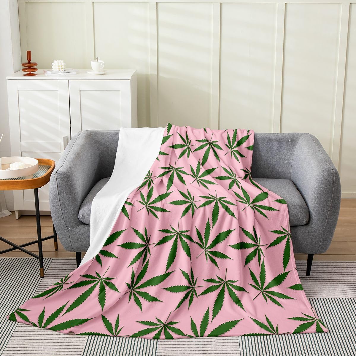 Marijuana Leaf Fleece Throw Blanket for Bed Sofa Couch,Cannabis Leaves Flannel Fuzzy Blanket All Season Green Plants Hemp Bed Blanket,Pink Marijuana Weed Leaf Room Decor Plush Blanket Queen 90"x90"