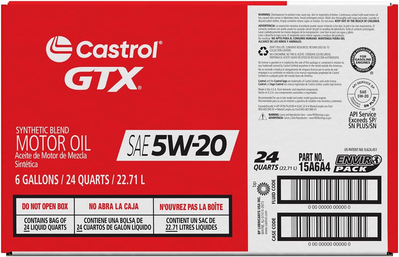 Castrol GTX 5W-20 Synthetic Blend Motor Oil, 6 Gallon Enviro-Pack