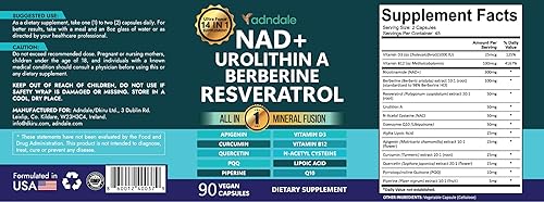 Miniatura 9 de Adndale Suplemento NAD. Fórmula de longevidad Urolitina-A Berberina con NAD liposomal, resveratrol trans, CoQ10. Alternativa de suplemento NMN. 90