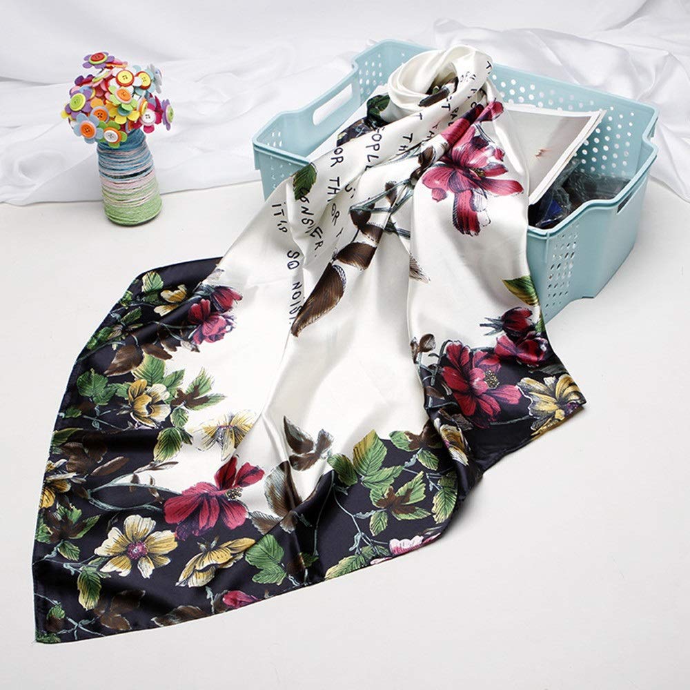 Bufandas Florales para Mujer 2PCS Pañuelo para la Cabeza para Mujer Pañuelo Cuadrado de Seda Satinada Pañuelo para el Cuello Estampado Floral para Mujeres niñas Damas (Blanco 90)