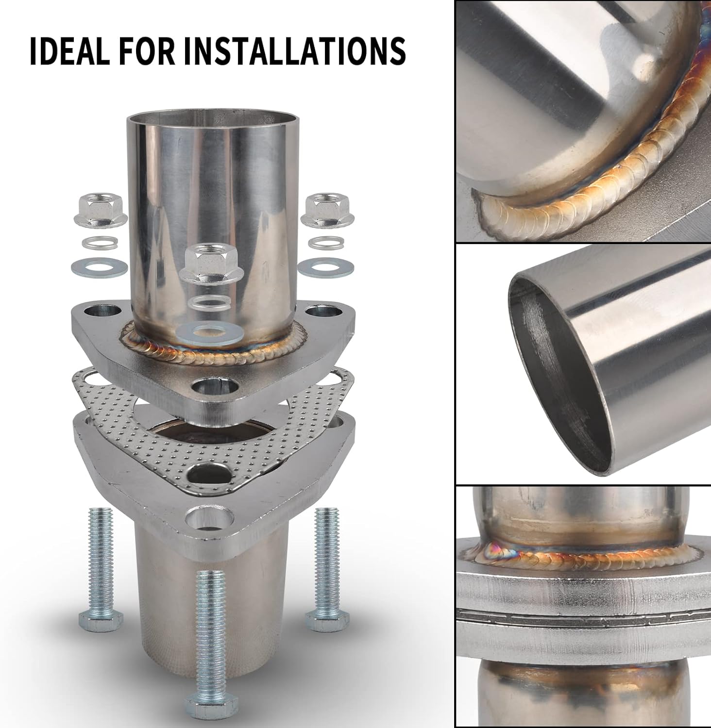 Exhaust Flange Bolts Quick Fix Repair Pipe Kit w/Gasket & Hardware, 2'' Inch ID 3 Bolts T304 Stainless Steel Universal Flange Replacement Kit