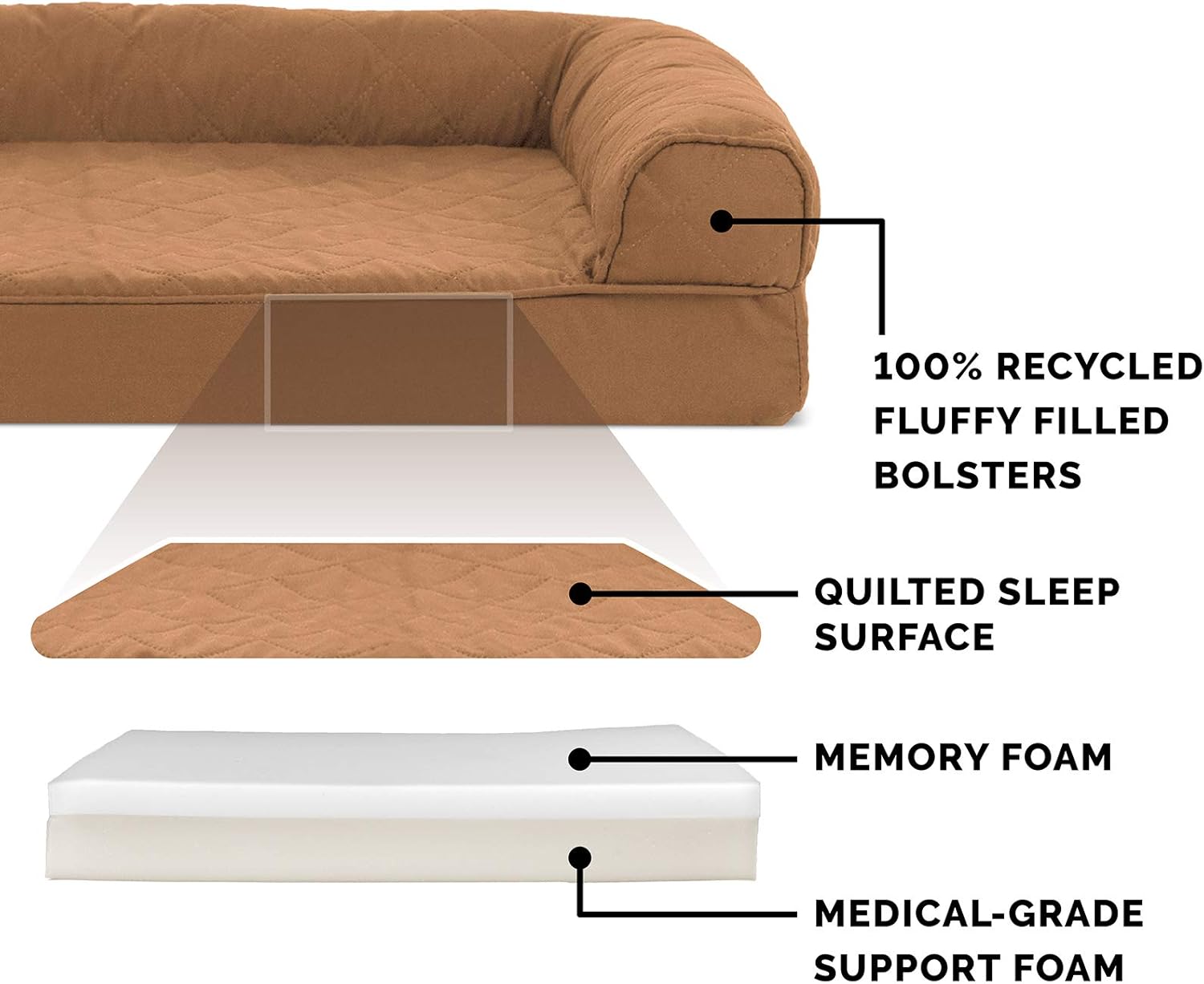 Furhaven Memory Foam Dog Bed for Medium/Small Dogs w/ Removable Bolsters & Washable Cover, For Dogs Up to 35 lbs - Quilted Sofa - Toasted Brown, Medium
