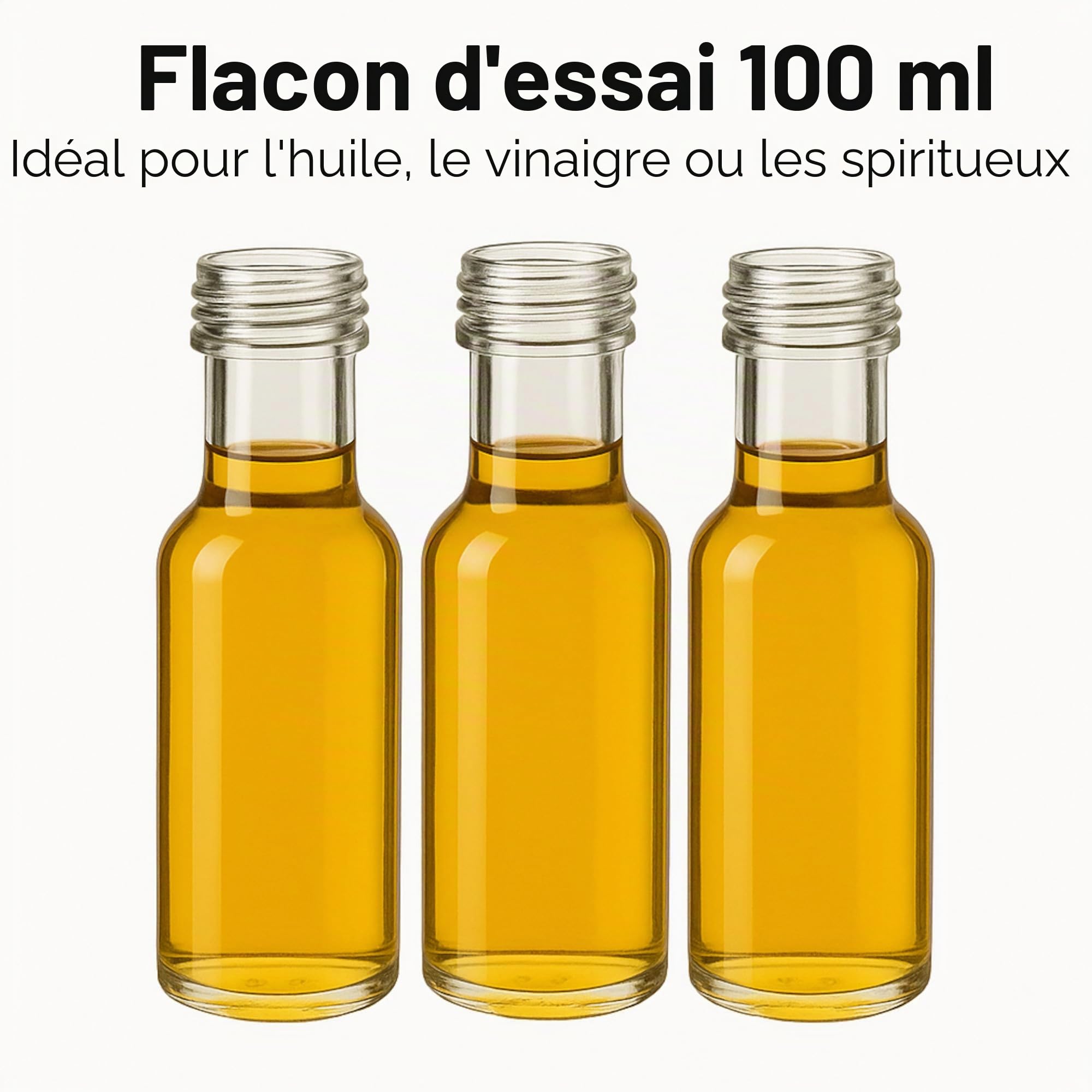 gouveo Lot de 48 bouteilles en verre Dorica (0,10 l) avec bouchon à vis PP 31.5 doré, flacons ronds transparents à remplir pour huile, vinaigre, liqueur, sirop, spiritueux (DFT100G)