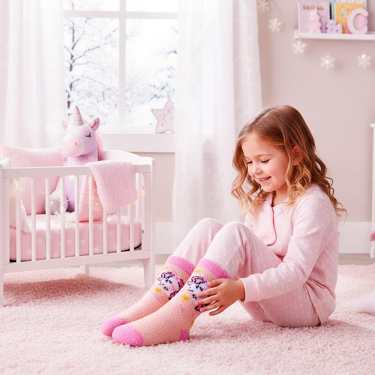 HONGTEYA Girls Kids Fuzzy Socks with Grips Toddler Non Slip Slipper Socks Crew Fluffy Warm Winter Sock 6 Pairs for 4-12 Years - Image 2