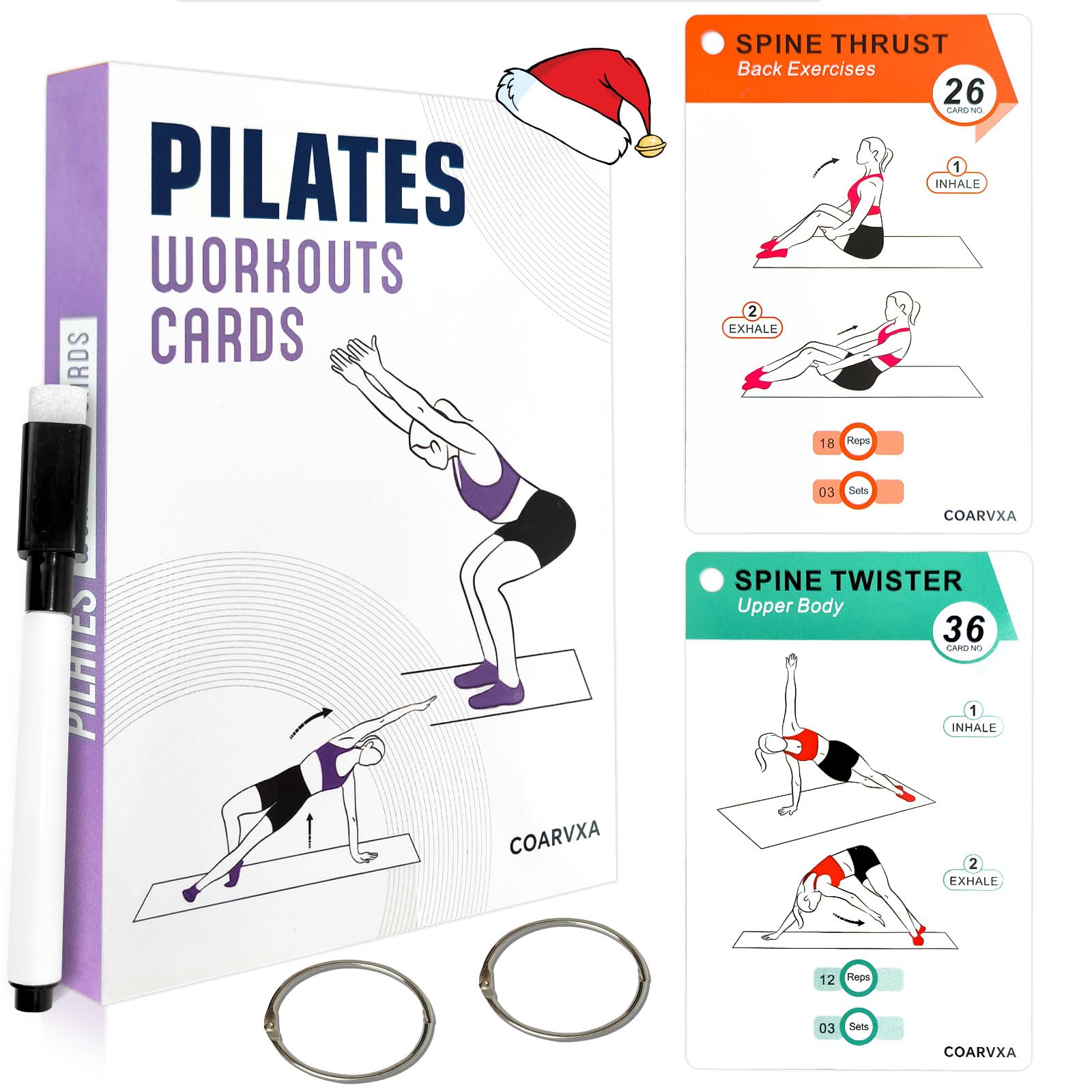 COARVXA Pilates Workouts for Women-58 Exercise Cards with Pilates Mat Workout Postures，ncludes 4-Week Challenge,2 Rings& Dry-Erase for Easy