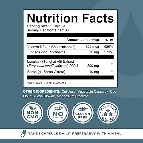 Miniatura 2 de Suplemento de boro para hombres con Tongkat Ali - Vitamina D3, picolinato de zinc 30 mg, Longjack Tongkat Ali para hombres - Citrato de boro 10 mg