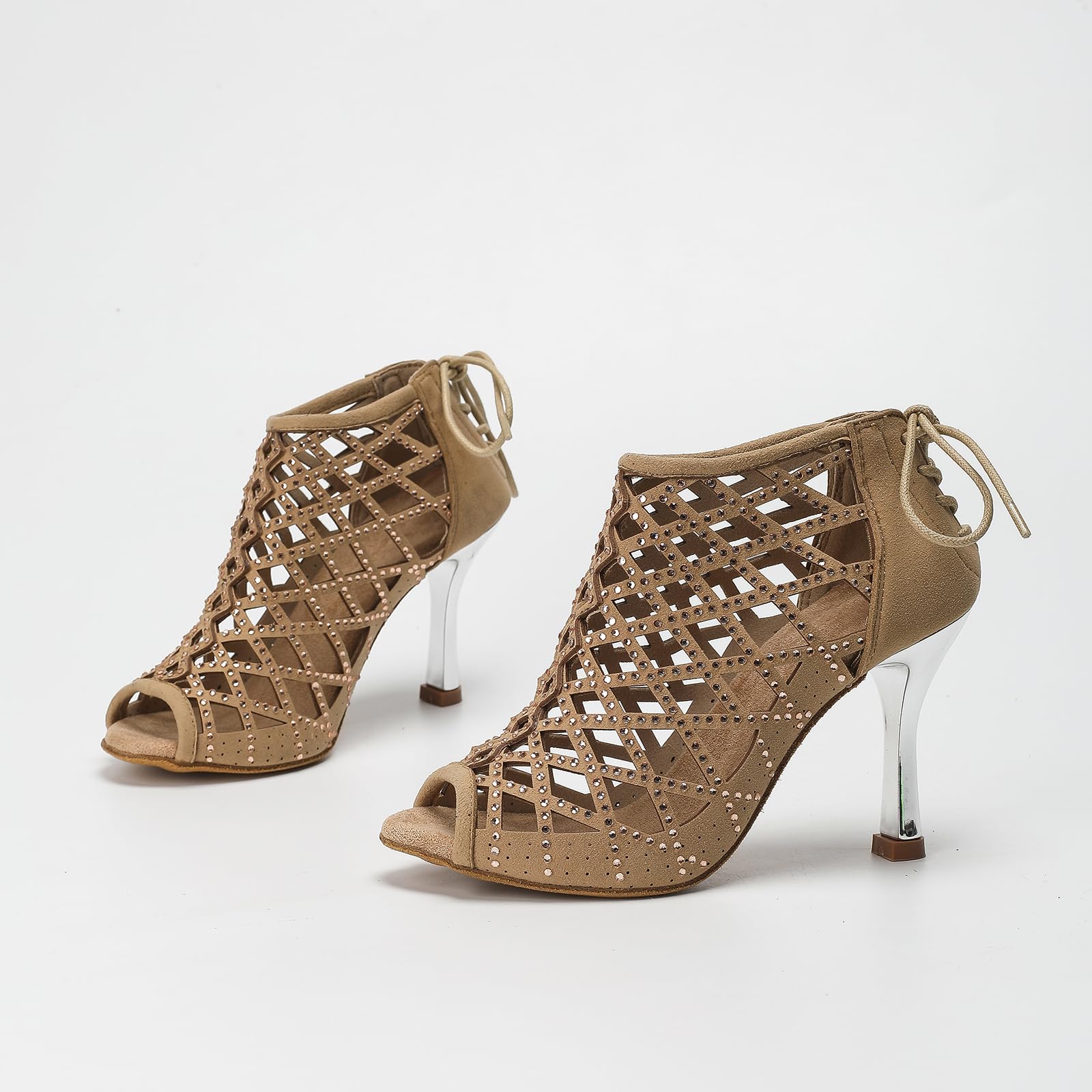 EAKLVB Women Ballroom Dance Shoes Diamond-Studded Fashion Hollow Lace-up High Heel Sandals Practice Performance Shoes (Apricot, Adult, Women, 7.5, Numeric, US Footwear Size System, Medium)