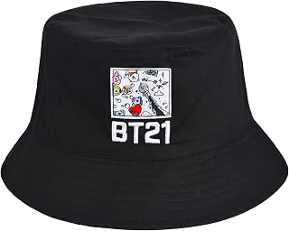 BT21 LINE Friends Bucket Hat, Graffiti Style Reversible Packable Travel Hat, Wide Brim Summer Hat, Multi, One Size