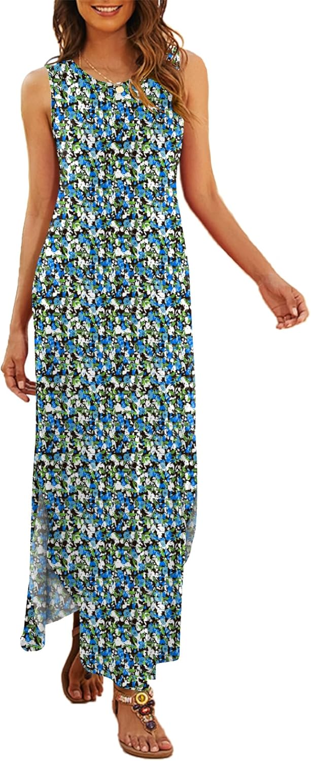 Hount Women's Casual Summer Sleeveless Dress Loose Split Maxi Dresses with Pockets