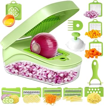 17-In-1 Vegetable Cutter & Onion Chopper - Multi-Function Grater With 9 Blades + Container & Cleaning Fork, Ideal For Potatoes, Carrots, Onions, Etc.