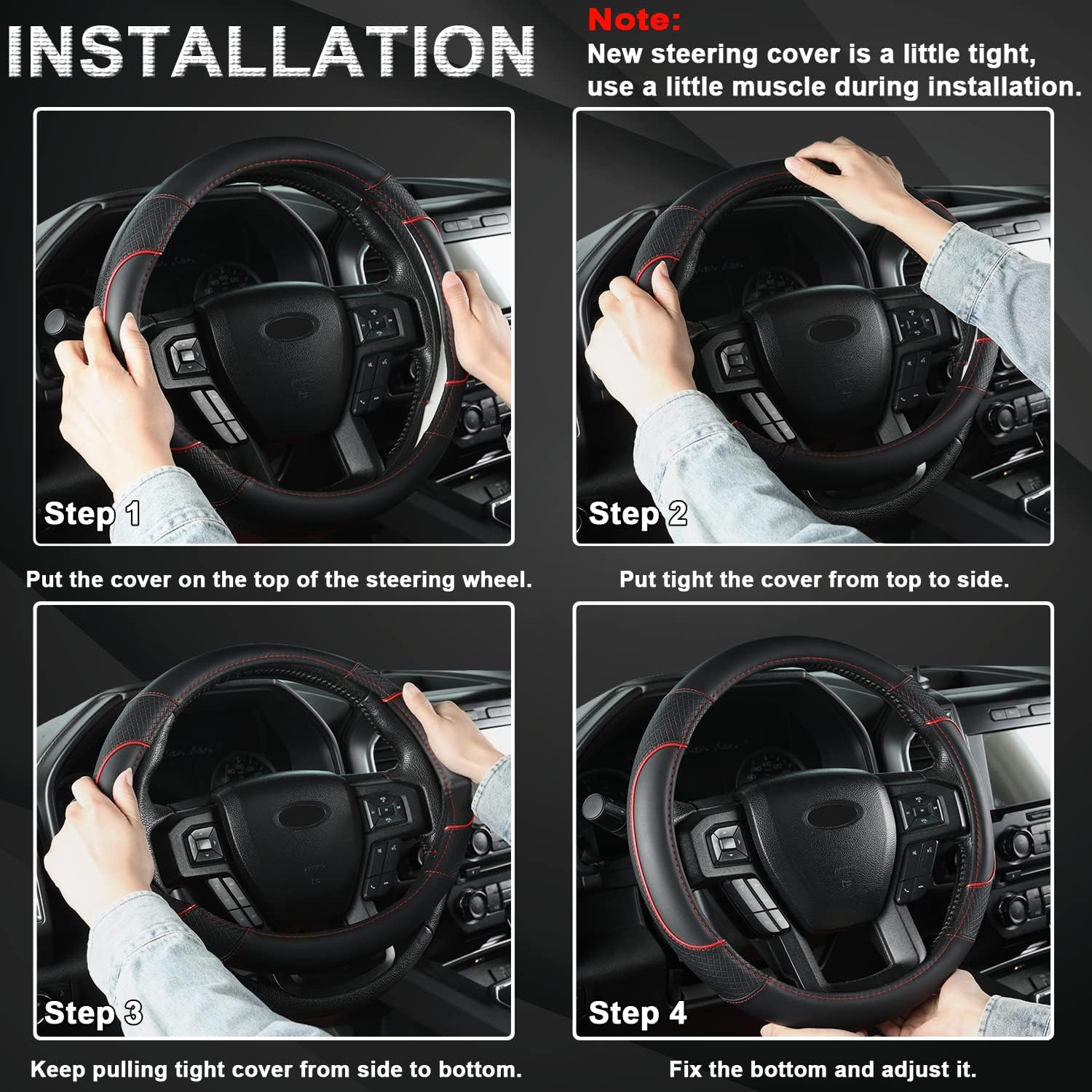 GIANT PANDA Steering Wheel Cover for Ford F150 F250 F350 Expedition - Black+Red Trim - Image 6