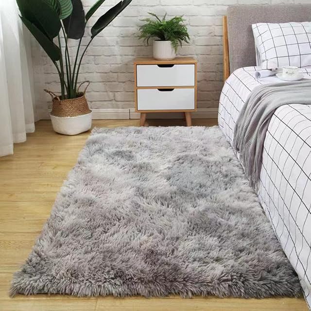 NIULAA Super Soft Fluffy Shaggy Fur Rugs Living Room Indoor Grey/White 80 x 160 cm Luxury Anti-Slip Carpet Kids Mat Large Thick Piles Area Rug Modern Home Decor for Bedroom Nursery Rugs