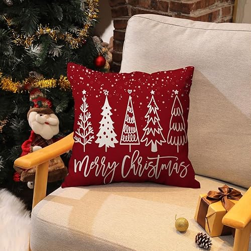 Miniatura 3 de DFXSZ Juego de 2 fundas de almohada de Navidad de 18 x 18 pulgadas, diseño de árbol de Navidad, decoración roja de invierno para el sofá del hogar,