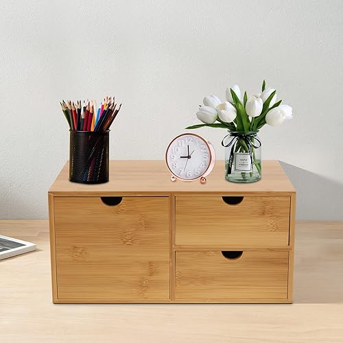 Miniatura 2 de TFCFL Organizador de escritorio de bambú con 3 cajones, caja de almacenamiento de escritorio de madera para suministros de oficina, organizador de