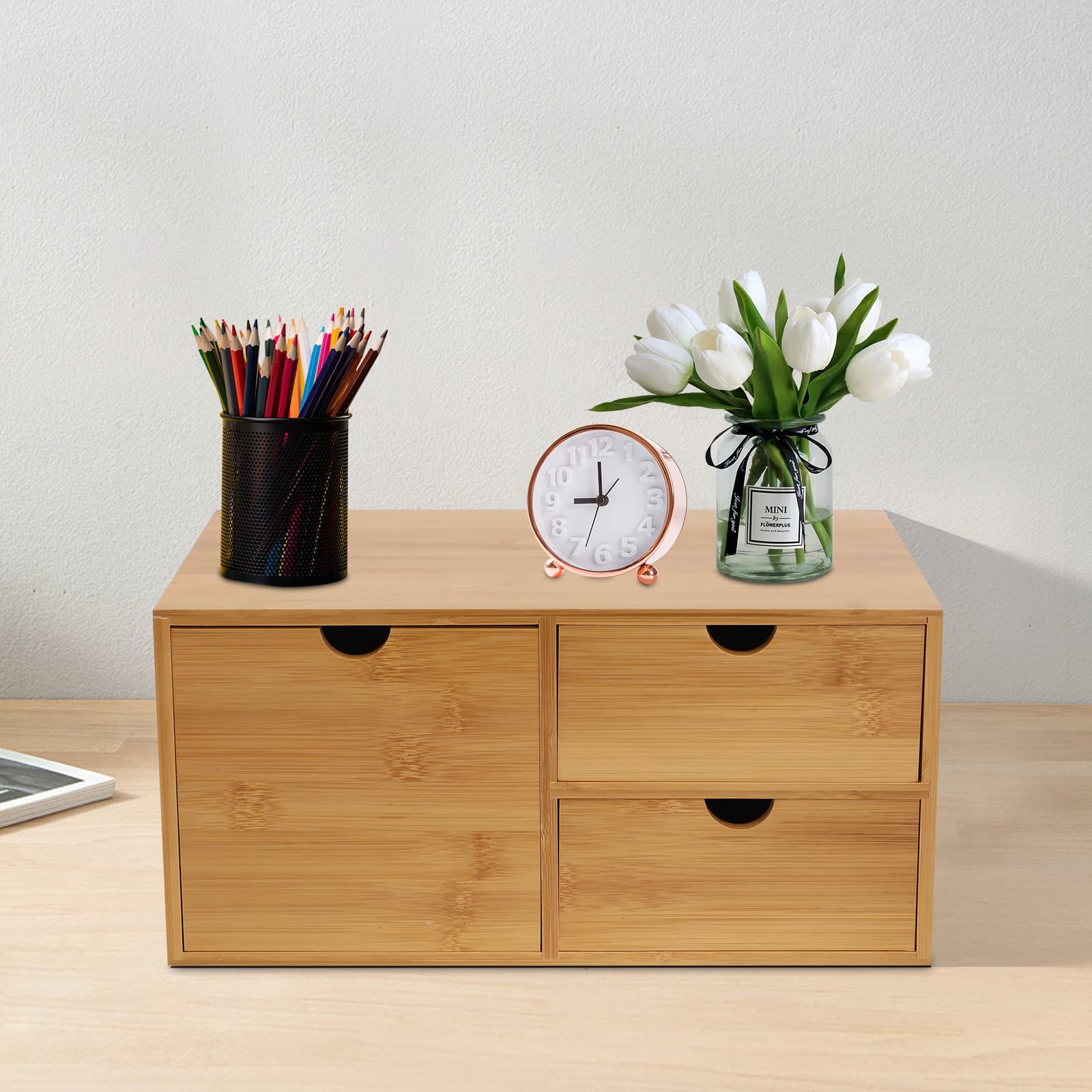 Organisateur de bureau, boîte de rangement de bureau en bambou avec 3 tiroirs, petite boîte à tiroirs de rangement de bureau, armoire de rangement, pour la maison, le bureau et le débarras, 33 x 19 x