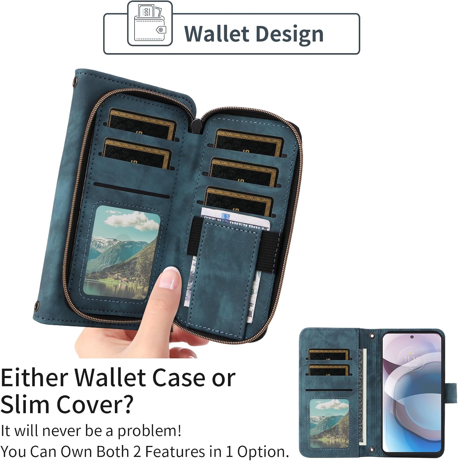 Phone Case for Motorola Moto One 5G Ace/G G5 2021 Wallet Cell Cover with Tempered Glass Screen Protector Crossbody Strap Flip Zipper Purse Card Holder MotoOne 1 One5G UW Ace 6.7 XT2113-3 XT2113-5 Blue