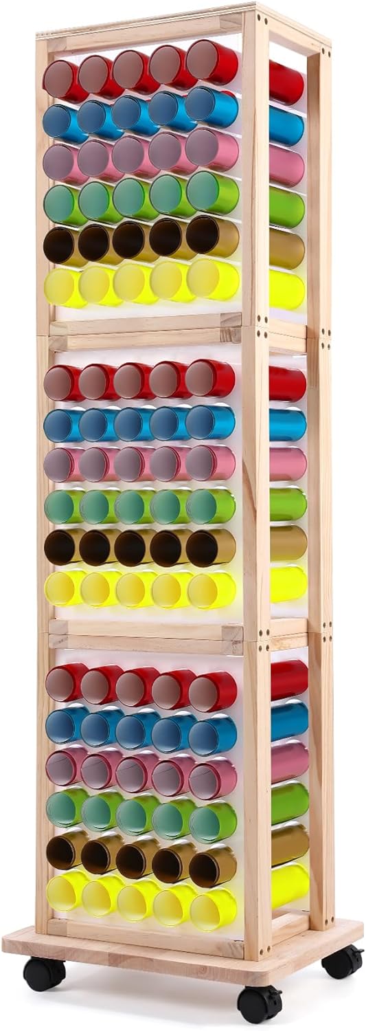 Mobile Vinyl Roll Holder - 90 Compartments Vinyl Storage Cart with Locking Castor Wheels, Wooden 3 Tier HTV Organizer Rack for Craft Room Home DIY (2" Hole Size)