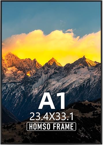 Homso Marco de fotos A1 para póster, color negro, 23.4 x 33.1 pulgadas, marco de metal de aluminio, marco A1 con borde fino, acrílico resistente a