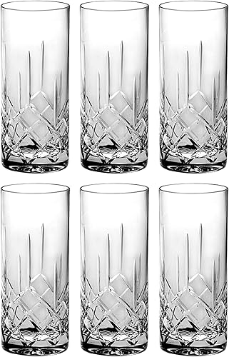 Barski HB - Juego de 6 vasos de cristal Highball de cristal cortado a mano, para agua, jugo, vino, cerveza y cócteles, 13 onzas, fabricado en Europa