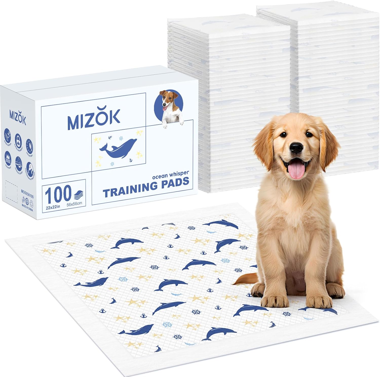 MIZOK Puppy Pads 22x22 with Dolphin Print, 100 Count