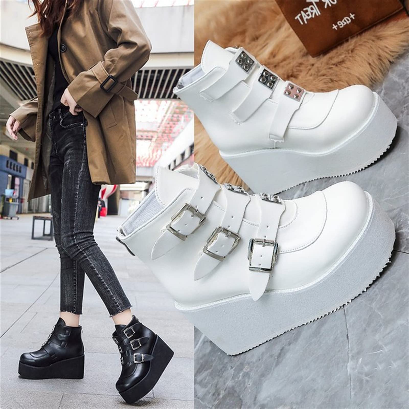Dames Chunky enkellaarzen met plateauzool - Ronde neus Rits Wedges Hoge  hakken Rave Buckle Dikke zool Goth laarsjes (Color : Black, Size : 39 EU) :  ...